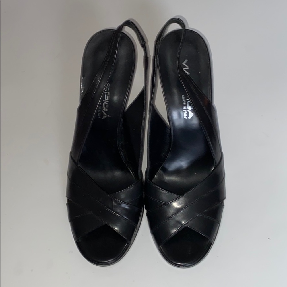Via Spiga black open toed 4 inch heels